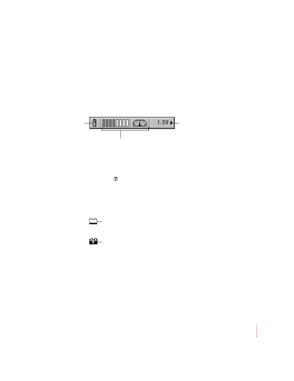 Using the control strip to monitor battery charge, Using the battery icon | Apple PowerBook (Duo, 2300 Series) User Manual | Page 74 / 161