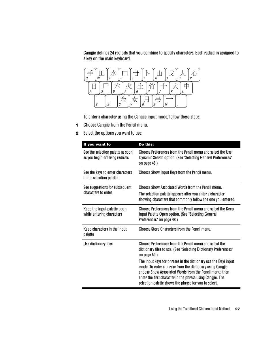 Choose cangjie from the pencil menu, Select the options you want to use | Apple Chinese Language Kit User Manual | Page 27 / 100