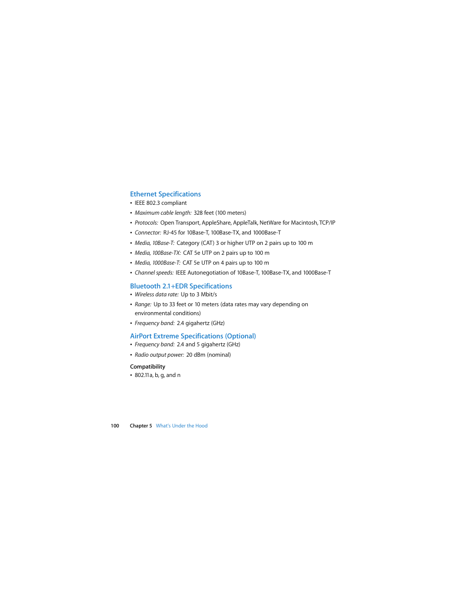 Ethernet specifications, Bluetooth 2.1+edr specifications, Airport extreme specifications (optional) | Apple Mac Pro (Early 2009) User Manual | Page 100 / 124