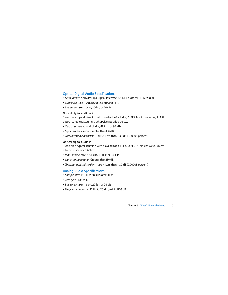 Optical digital audio specifications, Analog audio specifications | Apple Mac Pro (Early 2009) User Manual | Page 101 / 124