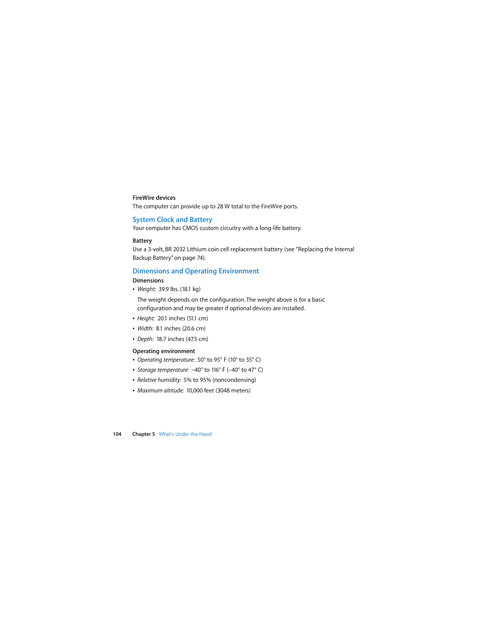 System clock and battery, Dimensions and operating environment | Apple Mac Pro (Early 2009) User Manual | Page 104 / 124