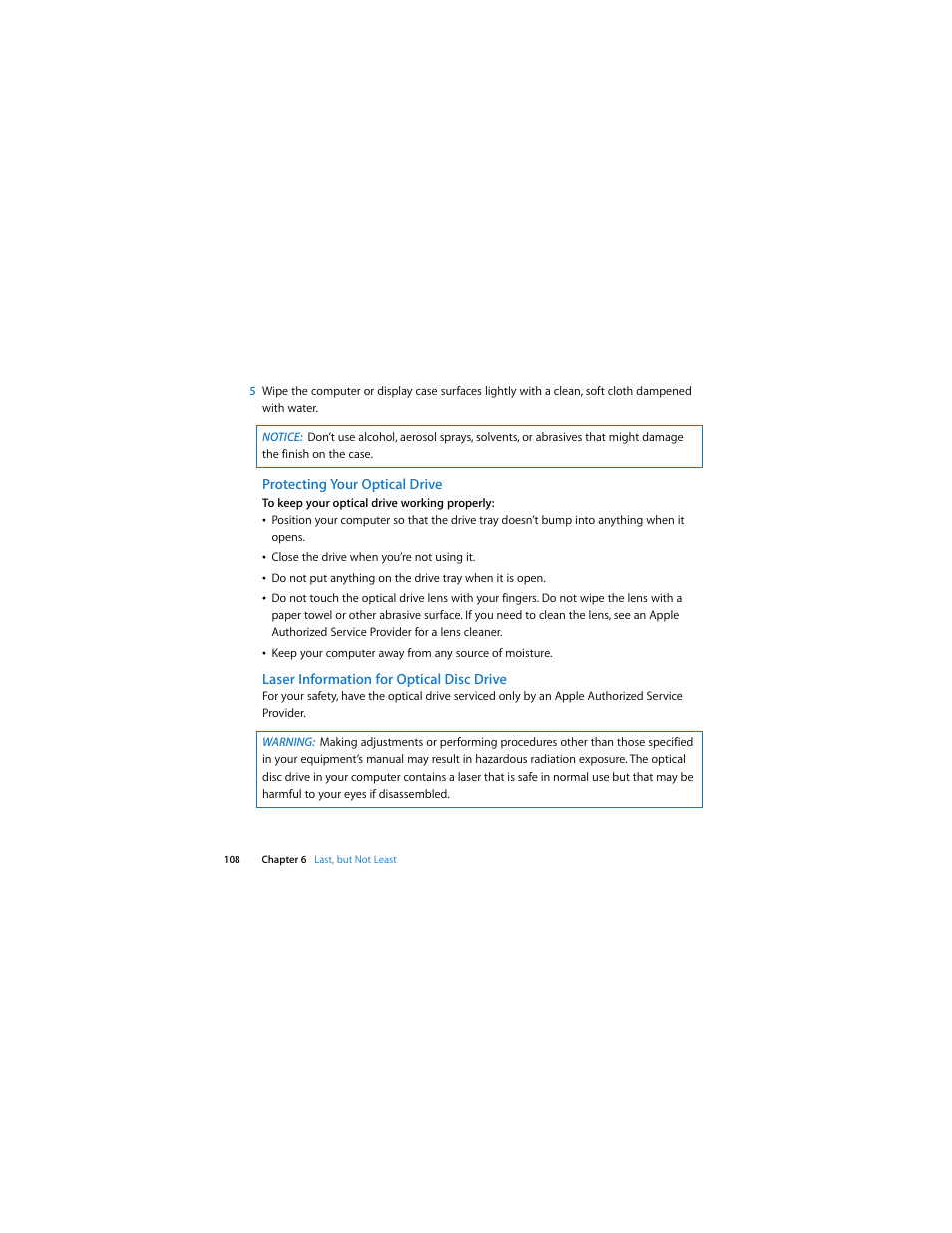 Protecting your optical drive, Laser information for optical disc drive | Apple Mac Pro (Early 2009) User Manual | Page 108 / 124