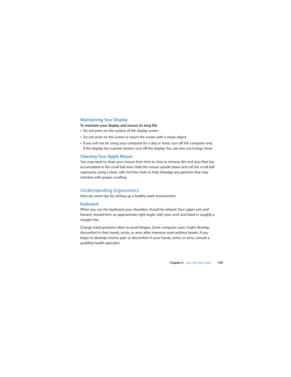 Maintaining your display, Cleaning your apple mouse, Understanding ergonomics | Keyboard | Apple Mac Pro (Early 2009) User Manual | Page 109 / 124