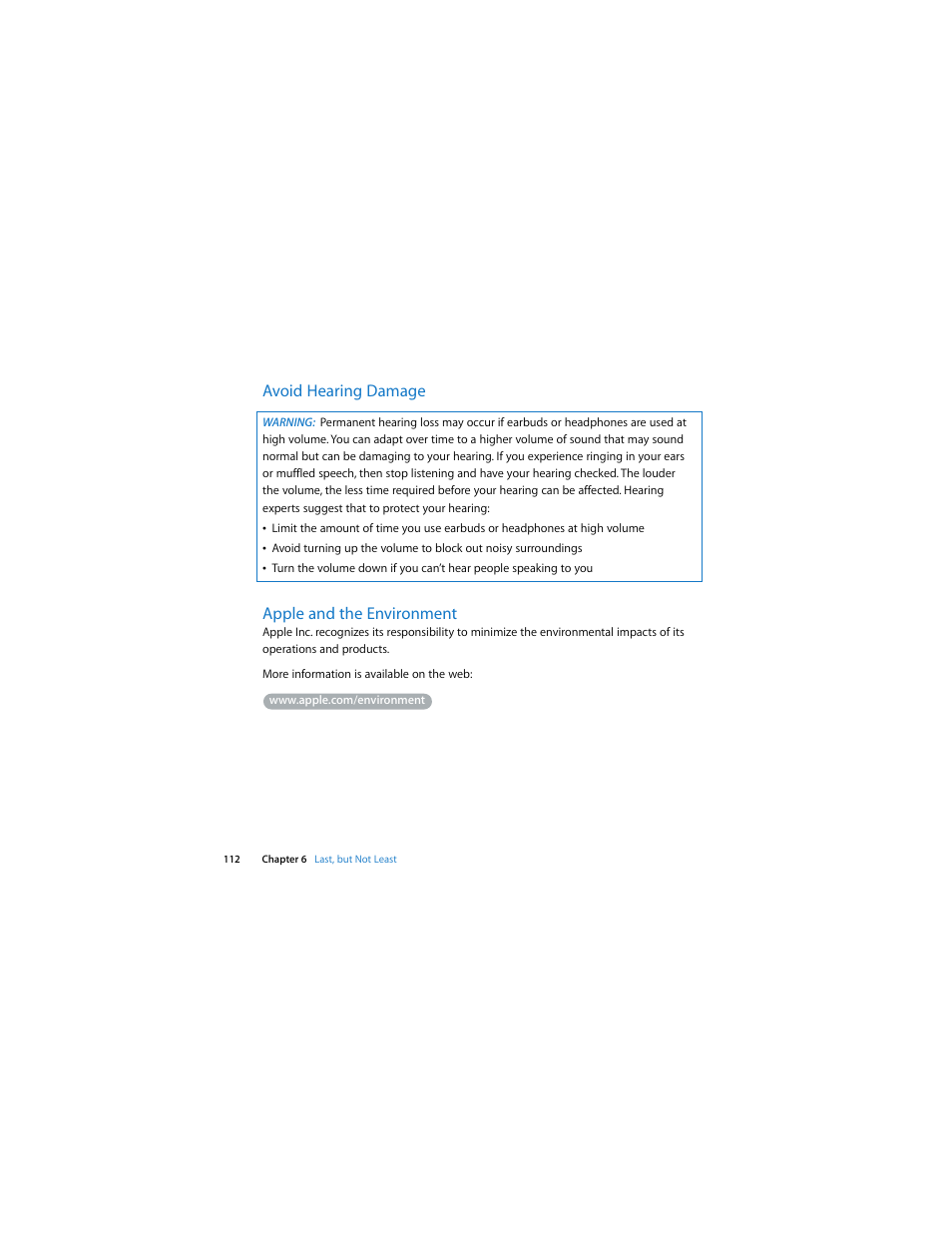 Avoid hearing damage, Apple and the environment, Avoid hearing damage apple and the environment | Apple Mac Pro (Early 2009) User Manual | Page 112 / 124