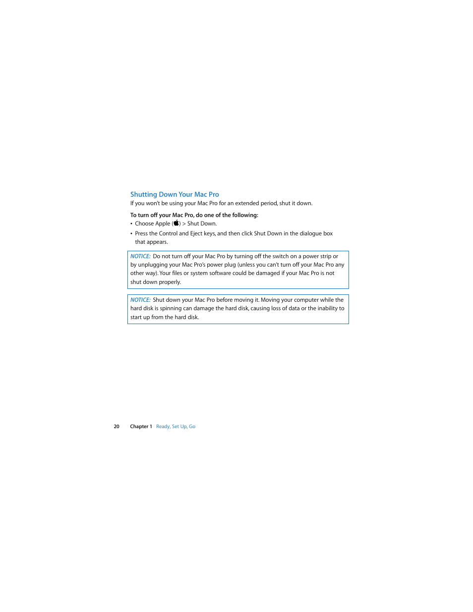 Shutting down your mac pro | Apple Mac Pro (Early 2009) User Manual | Page 20 / 124
