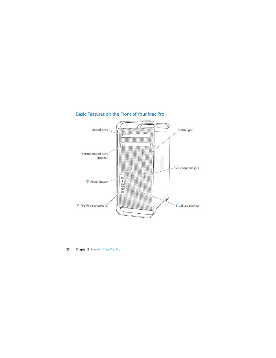 Basic features on the front of your mac pro | Apple Mac Pro (Early 2009) User Manual | Page 22 / 124