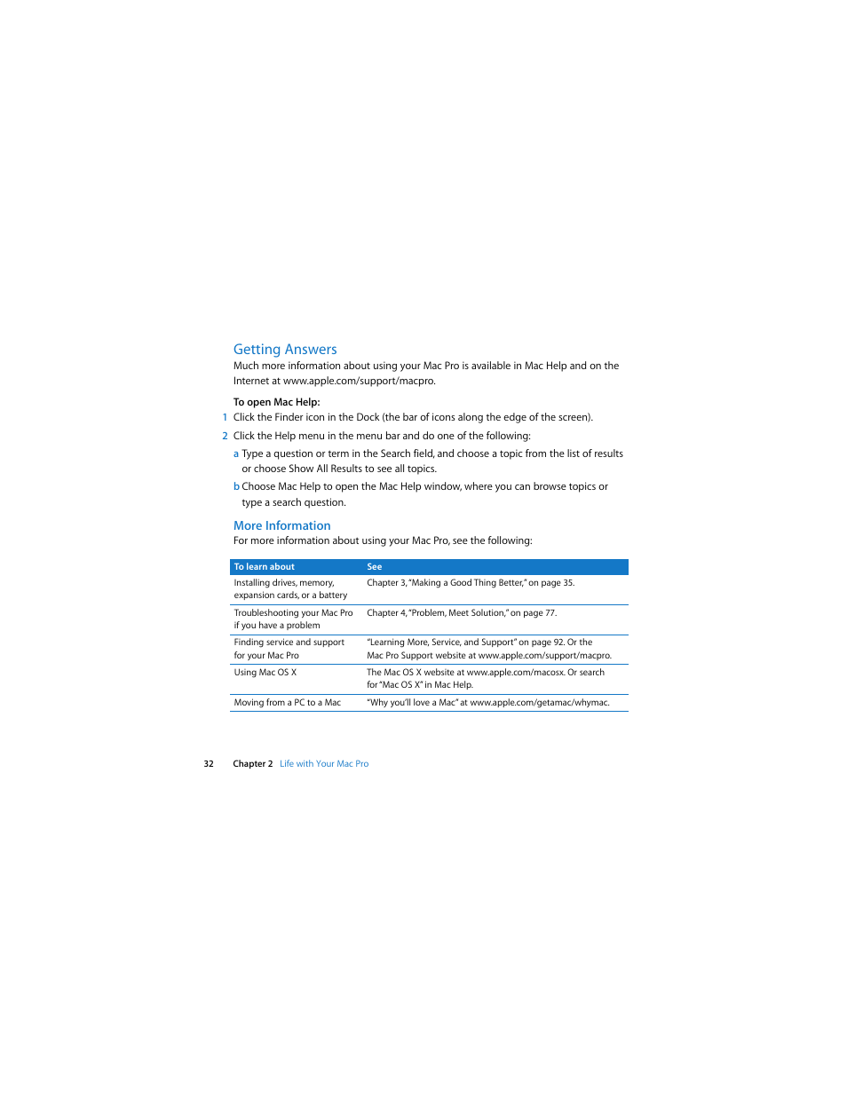 Getting answers, More information | Apple Mac Pro (Early 2009) User Manual | Page 32 / 124