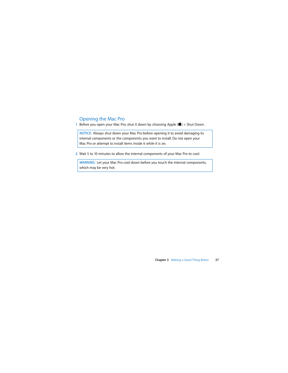 Opening the mac pro | Apple Mac Pro (Early 2009) User Manual | Page 37 / 124