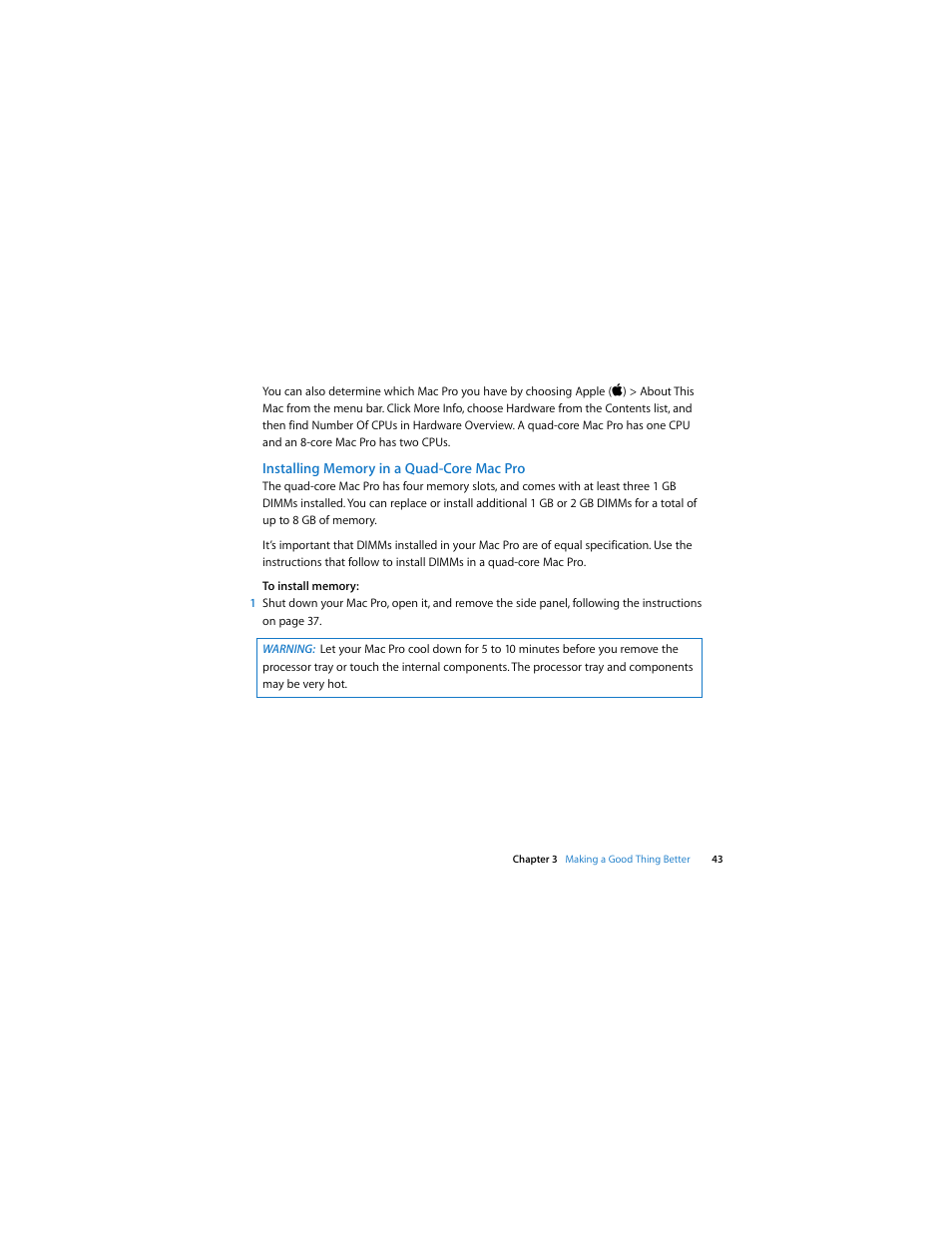 Installing memory in a quad-core mac pro, See “installing memory in a quad | Apple Mac Pro (Early 2009) User Manual | Page 43 / 124