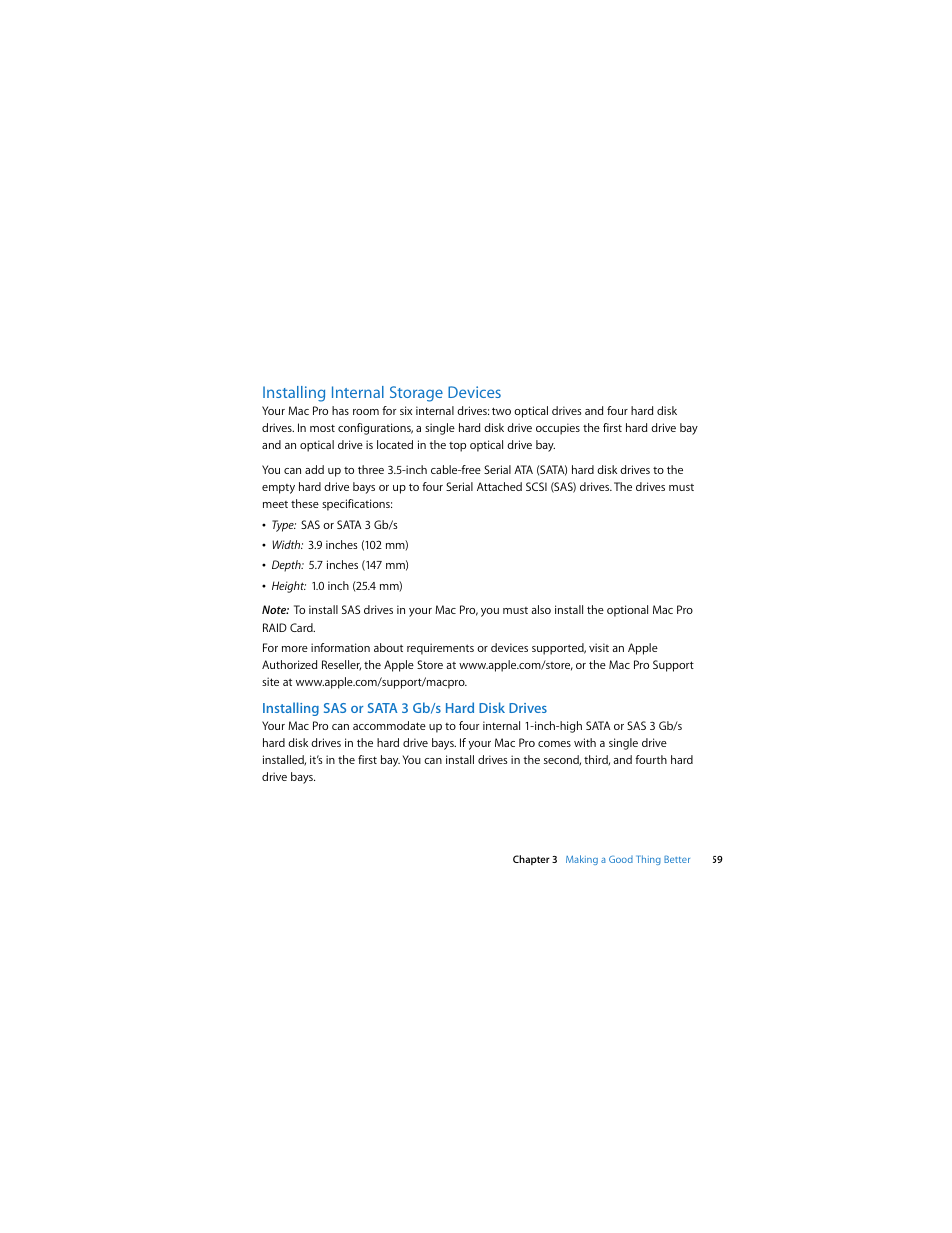 Installing internal storage devices, Installing sas or sata 3 gb/s hard disk drives | Apple Mac Pro (Early 2009) User Manual | Page 59 / 124