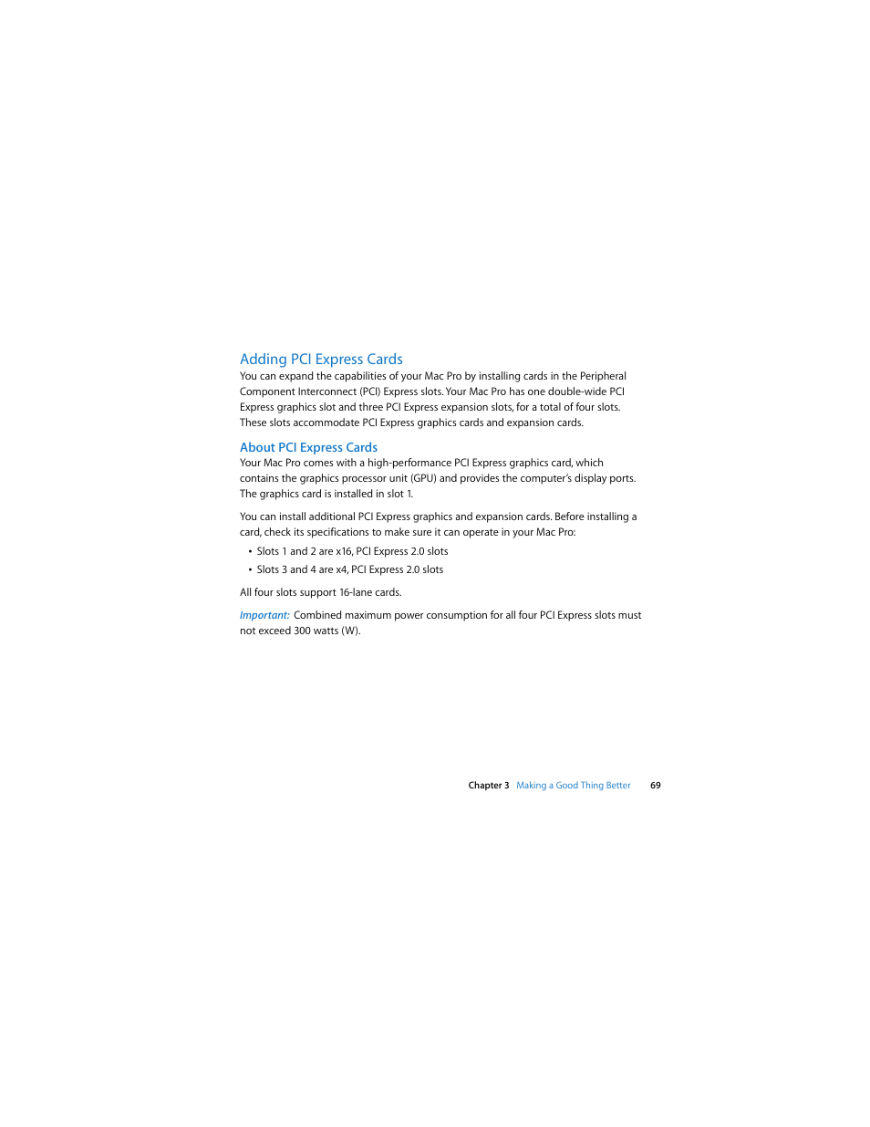 Adding pci express cards, About pci express cards | Apple Mac Pro (Early 2009) User Manual | Page 69 / 124