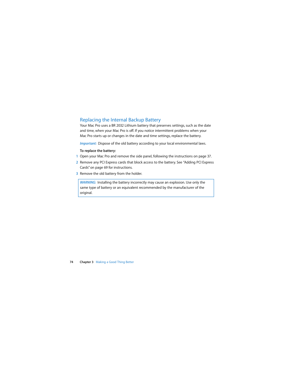 Replacing the internal backup battery | Apple Mac Pro (Early 2009) User Manual | Page 74 / 124