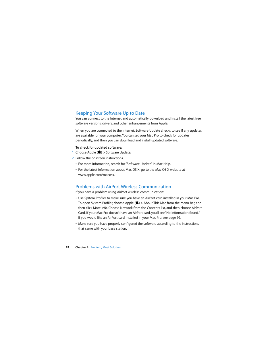 Keeping your software up to date, Problems with airport wireless communication | Apple Mac Pro (Early 2009) User Manual | Page 82 / 124