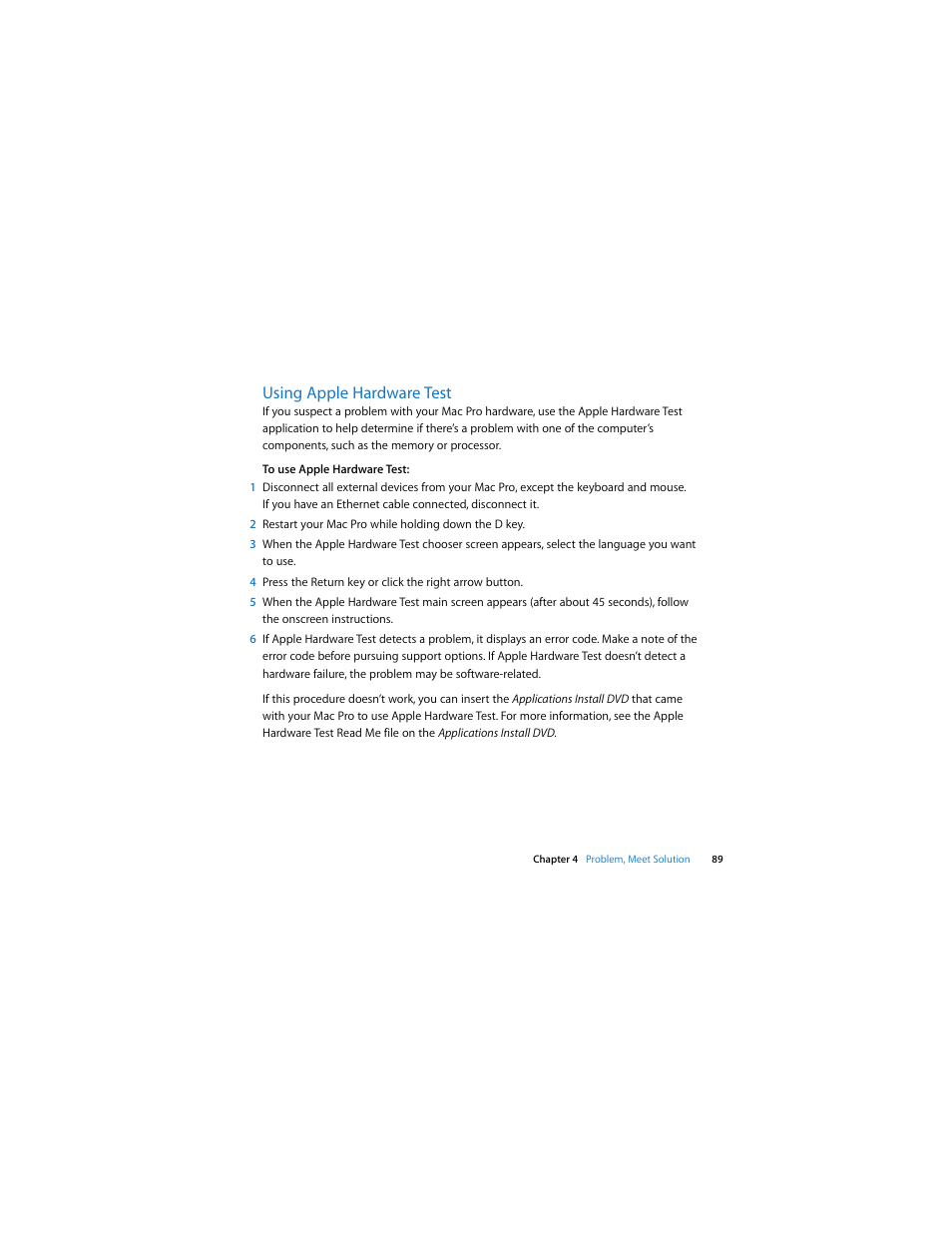 Using apple hardware test | Apple Mac Pro (Early 2009) User Manual | Page 89 / 124