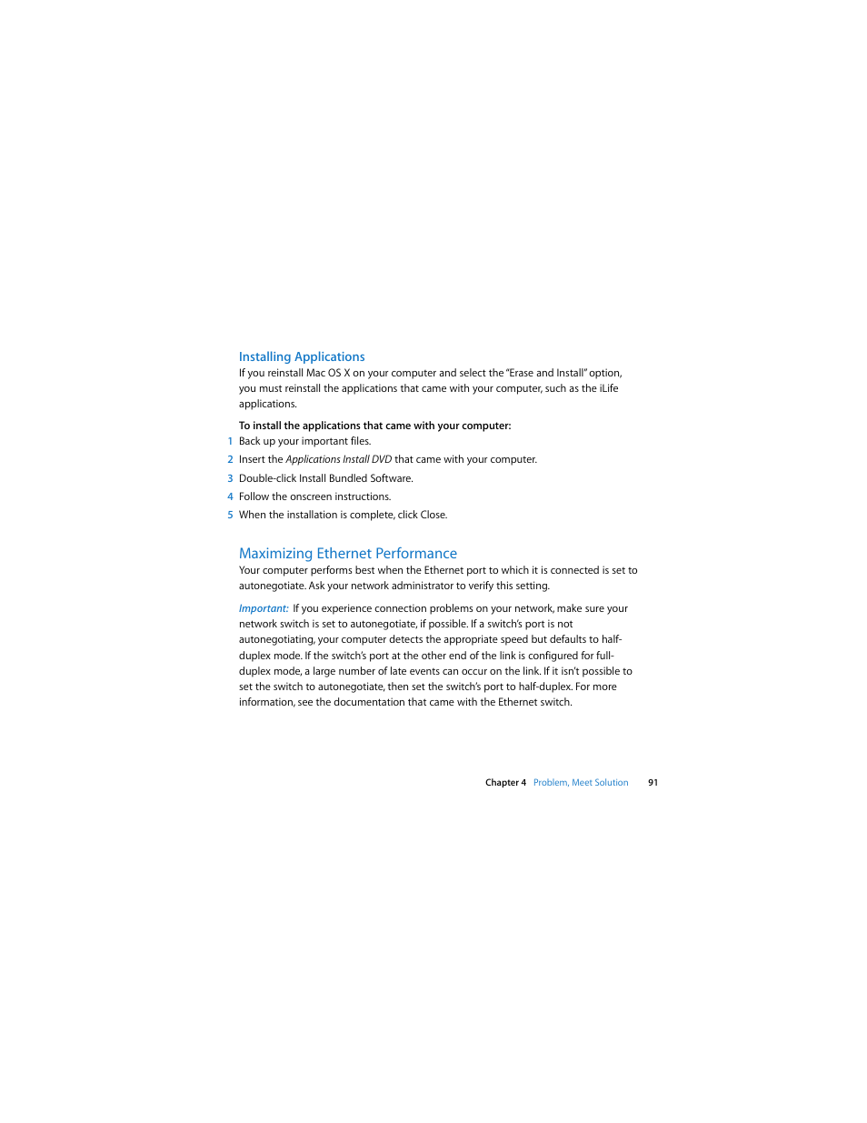 Installing applications, Maximizing ethernet performance | Apple Mac Pro (Early 2009) User Manual | Page 91 / 124