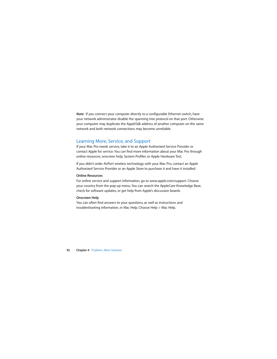 Learning more, service, and support, See “learning more, service, and | Apple Mac Pro (Early 2009) User Manual | Page 92 / 124