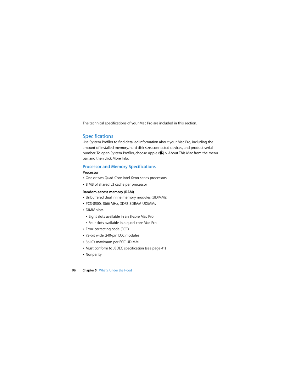 Specifications, Processor and memory specifications | Apple Mac Pro (Early 2009) User Manual | Page 96 / 124