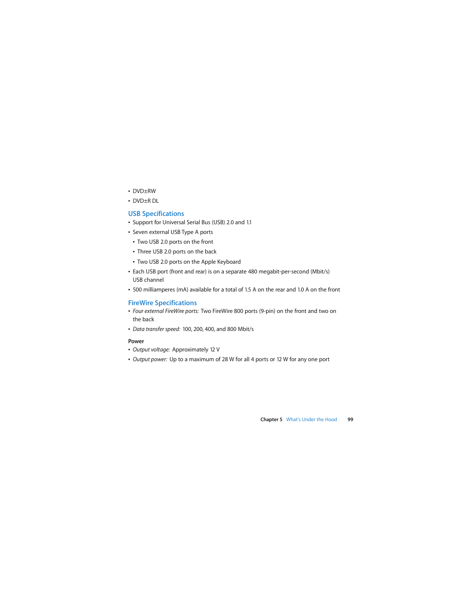 Usb specifications, Firewire specifications | Apple Mac Pro (Early 2009) User Manual | Page 99 / 124