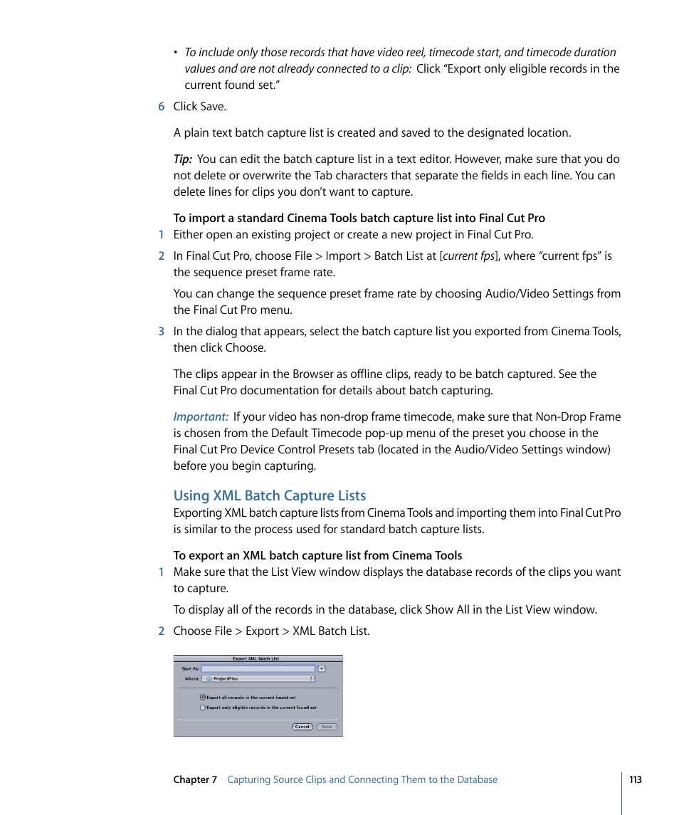 Using xml batch capture lists | Apple Cinema Tools 4 User Manual | Page 113 / 258