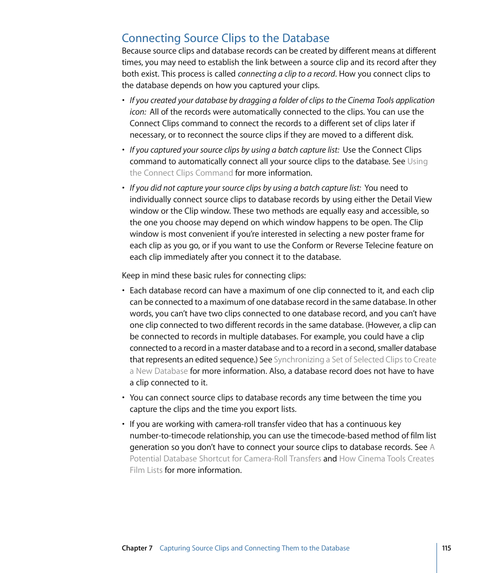 Connecting source clips to the database | Apple Cinema Tools 4 User Manual | Page 115 / 258