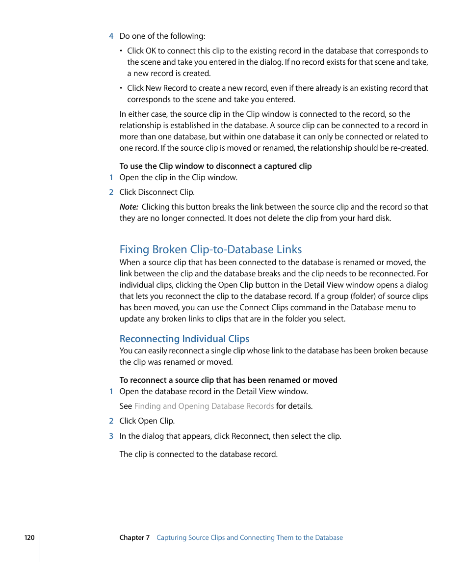 Fixing broken clip-to-database links, Reconnecting individual clips | Apple Cinema Tools 4 User Manual | Page 120 / 258