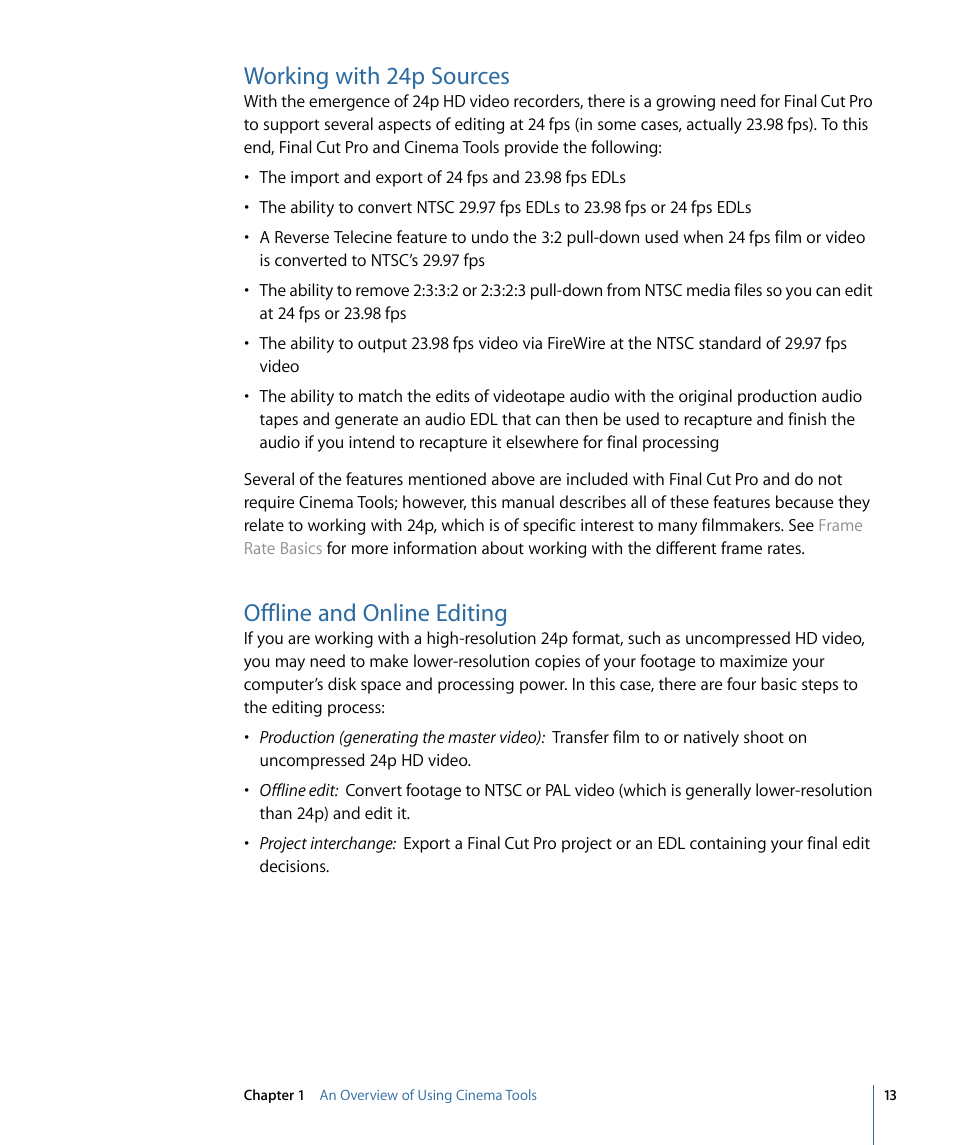 Working with 24p sources, Offline and online editing | Apple Cinema Tools 4 User Manual | Page 13 / 258