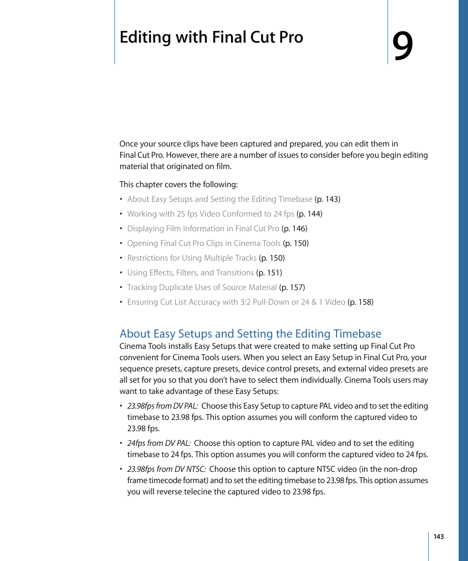 Editing with final cut pro, About easy setups and setting the editing timebase | Apple Cinema Tools 4 User Manual | Page 143 / 258