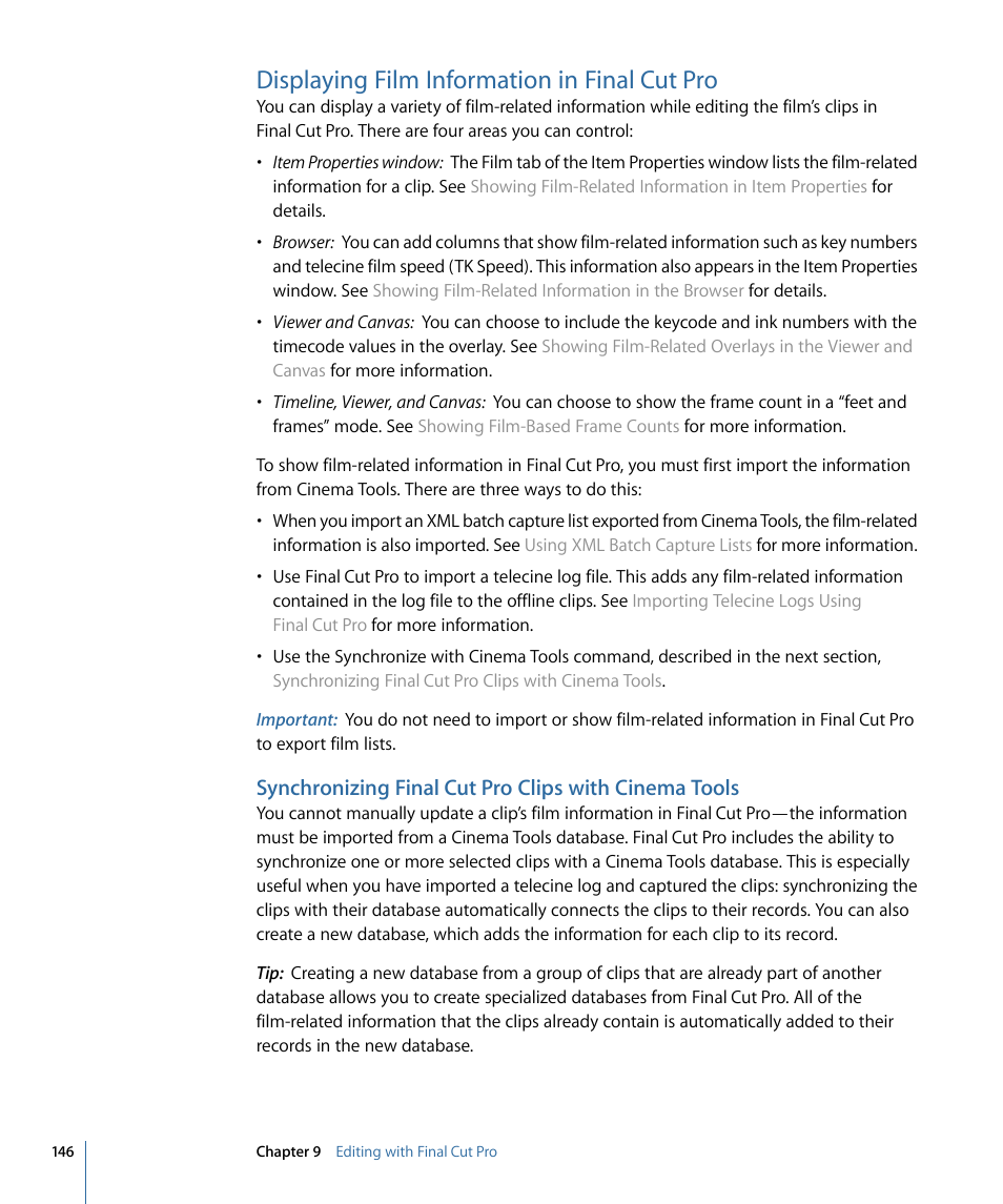 Displaying film information in final cut pro | Apple Cinema Tools 4 User Manual | Page 146 / 258