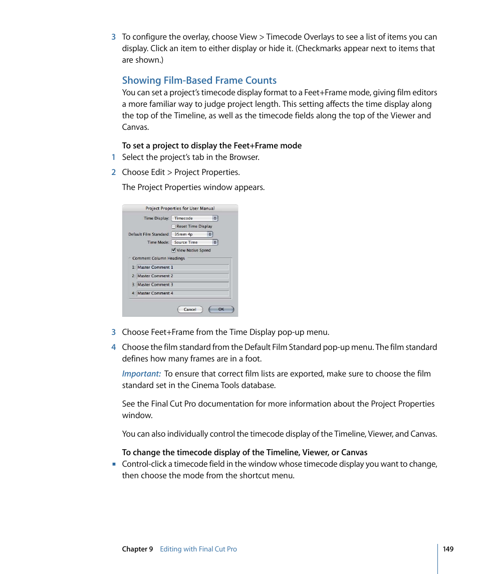 Showing film-based frame counts | Apple Cinema Tools 4 User Manual | Page 149 / 258