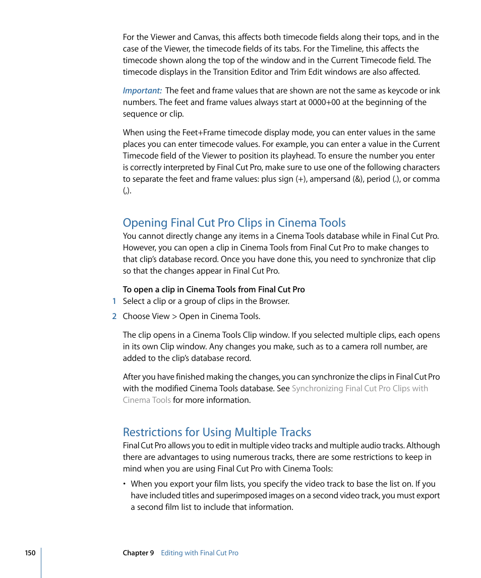 Opening final cut pro clips in cinema tools, Restrictions for using multiple tracks | Apple Cinema Tools 4 User Manual | Page 150 / 258