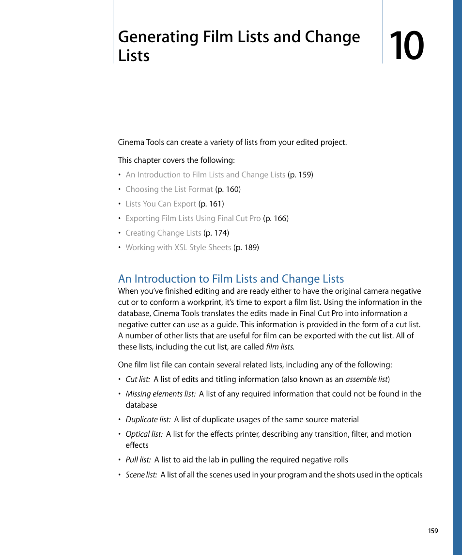 Generating film lists and change lists, An introduction to film lists and change lists | Apple Cinema Tools 4 User Manual | Page 159 / 258