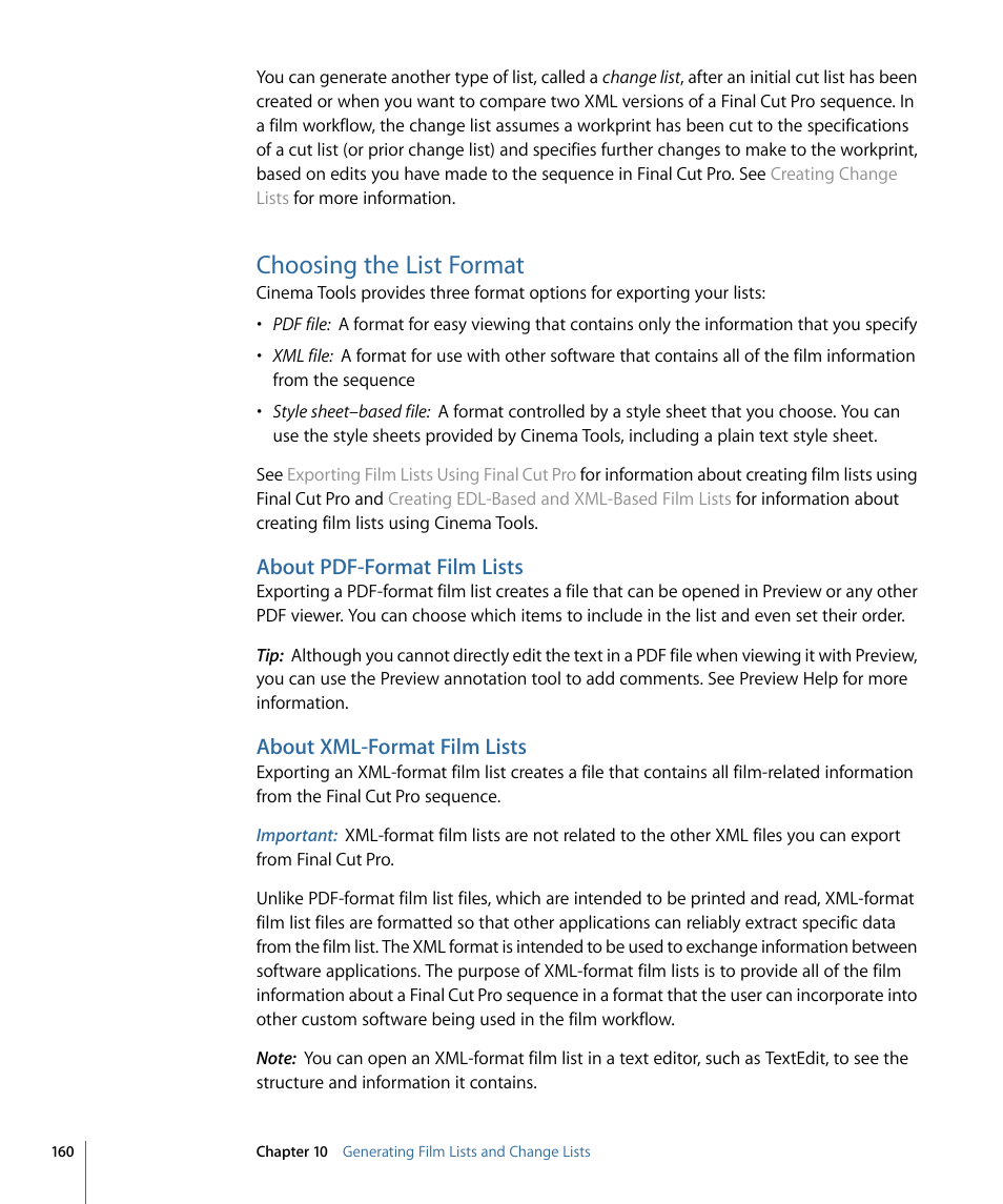 Choosing the list format, About pdf-format film lists, About xml-format film lists | Apple Cinema Tools 4 User Manual | Page 160 / 258