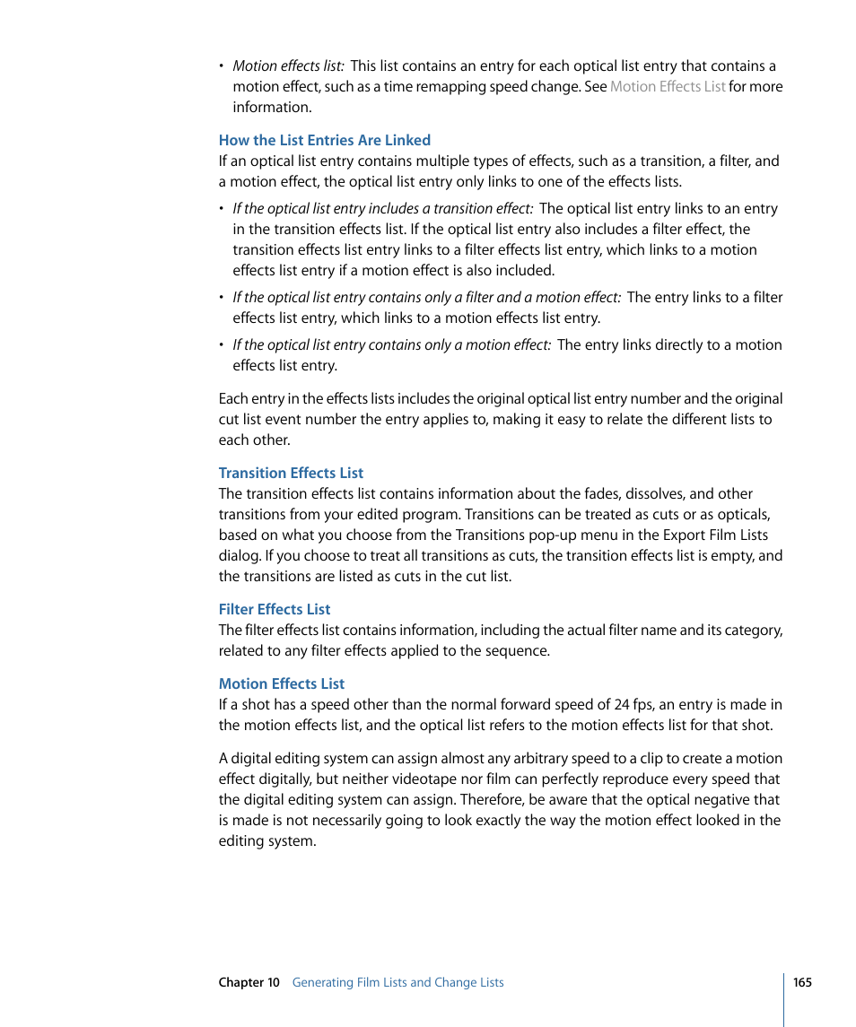 How the list entries are linked, Transition effects list, Filter effects list | Motion effects list | Apple Cinema Tools 4 User Manual | Page 165 / 258