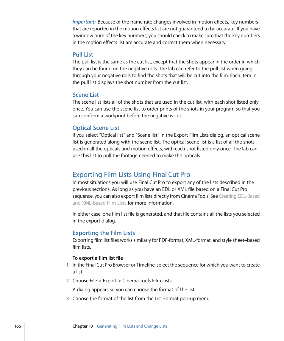 Pull list, Scene list, Optical scene list | Exporting film lists using final cut pro, Exporting the film lists | Apple Cinema Tools 4 User Manual | Page 166 / 258