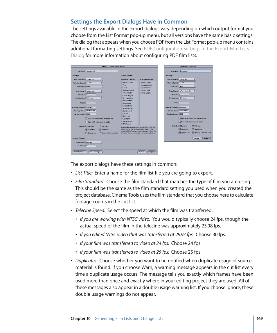Settings the export dialogs have in common | Apple Cinema Tools 4 User Manual | Page 169 / 258