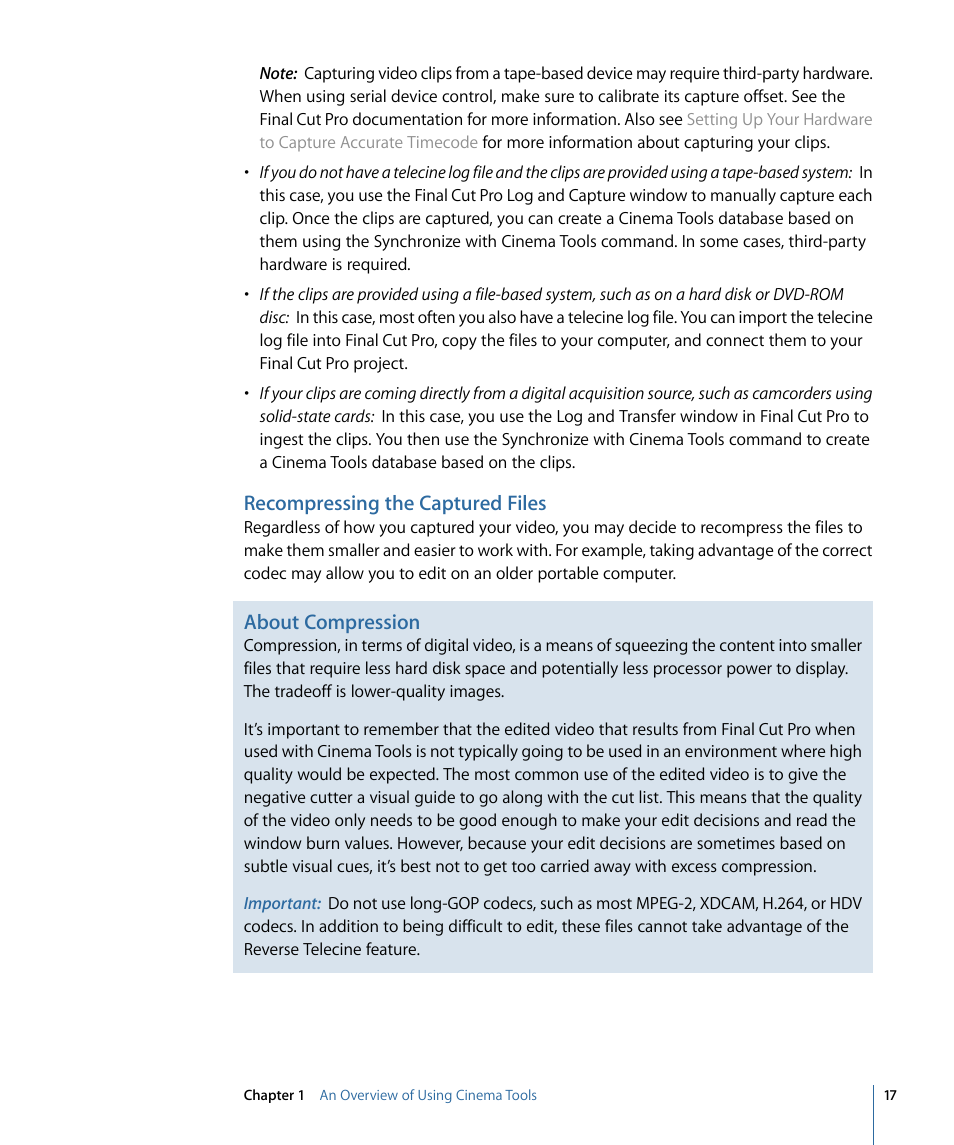 Recompressing the captured files, About compression | Apple Cinema Tools 4 User Manual | Page 17 / 258