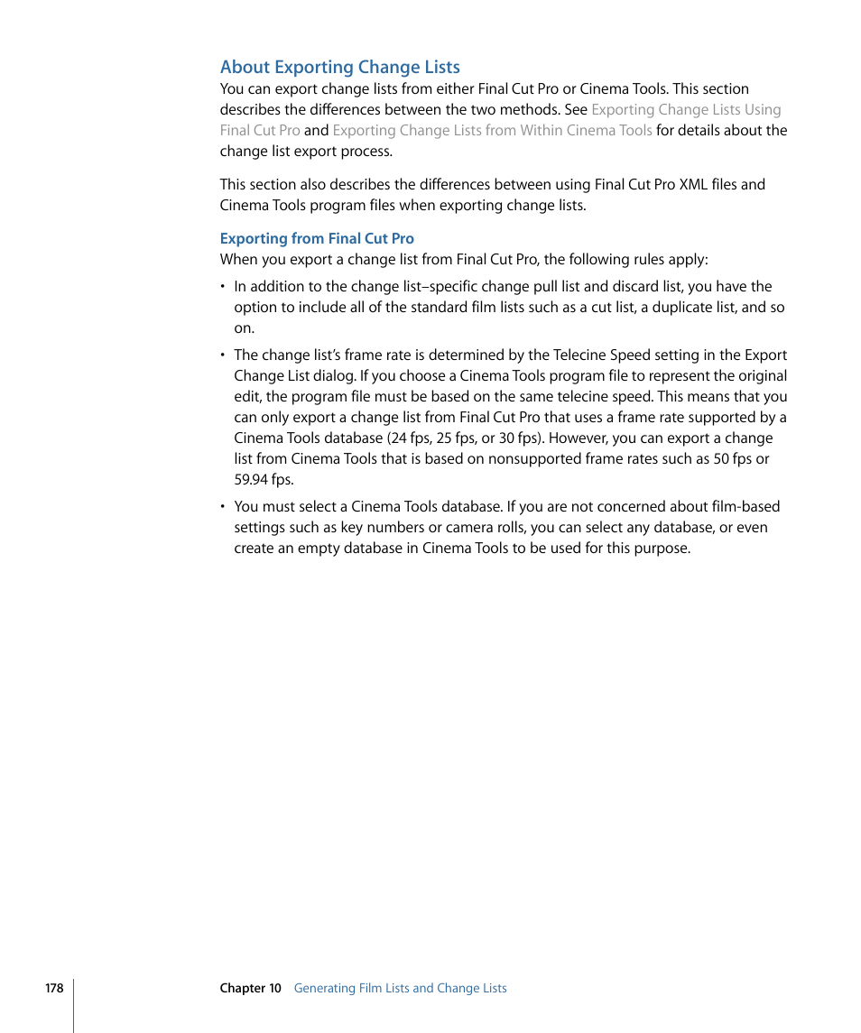 About exporting change lists, Exporting from final cut pro | Apple Cinema Tools 4 User Manual | Page 178 / 258