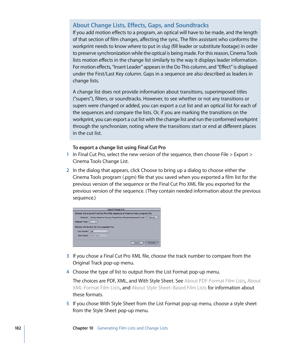 About change lists, effects, gaps, and soundtracks | Apple Cinema Tools 4 User Manual | Page 182 / 258