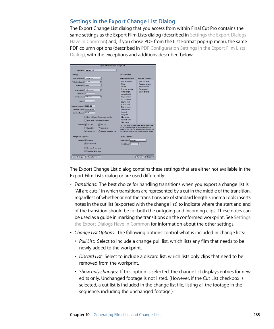 Settings in the export change list dialog | Apple Cinema Tools 4 User Manual | Page 185 / 258