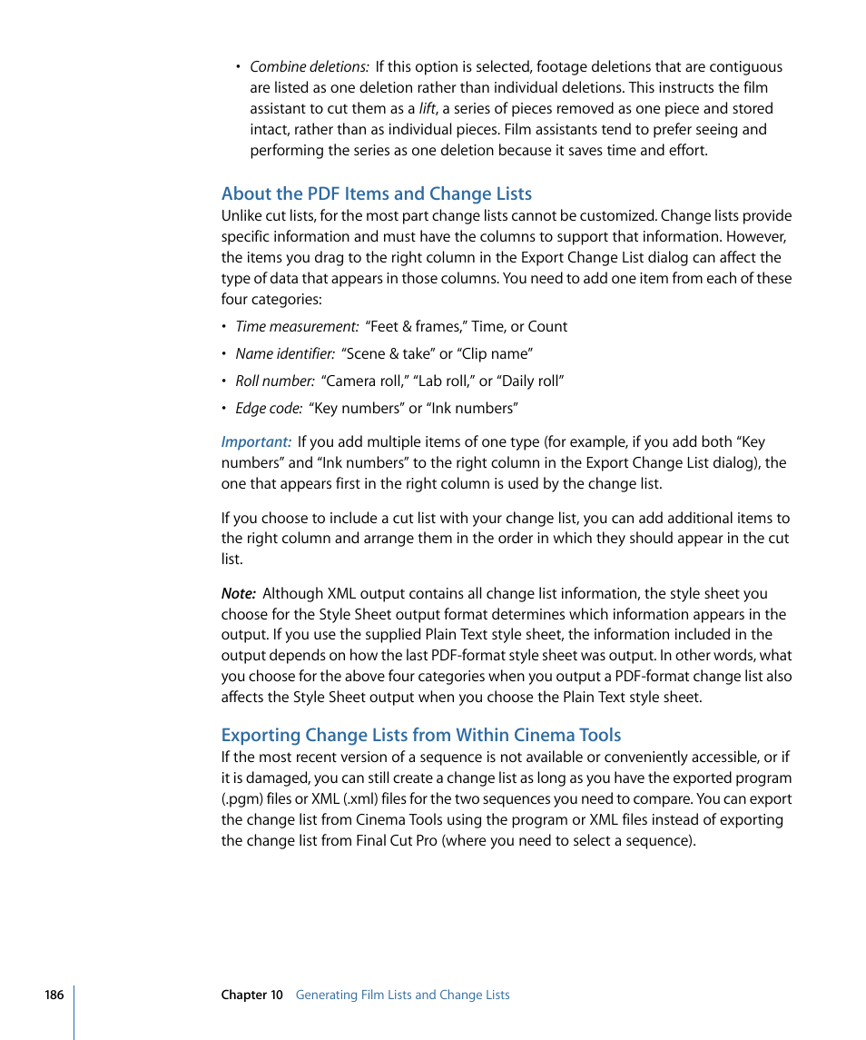 About the pdf items and change lists, Exporting change lists from within cinema tools | Apple Cinema Tools 4 User Manual | Page 186 / 258