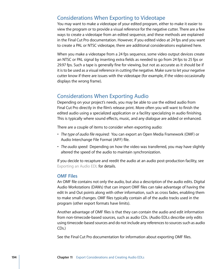 Considerations when exporting to videotape, Considerations when exporting audio, Omf files | Apple Cinema Tools 4 User Manual | Page 194 / 258