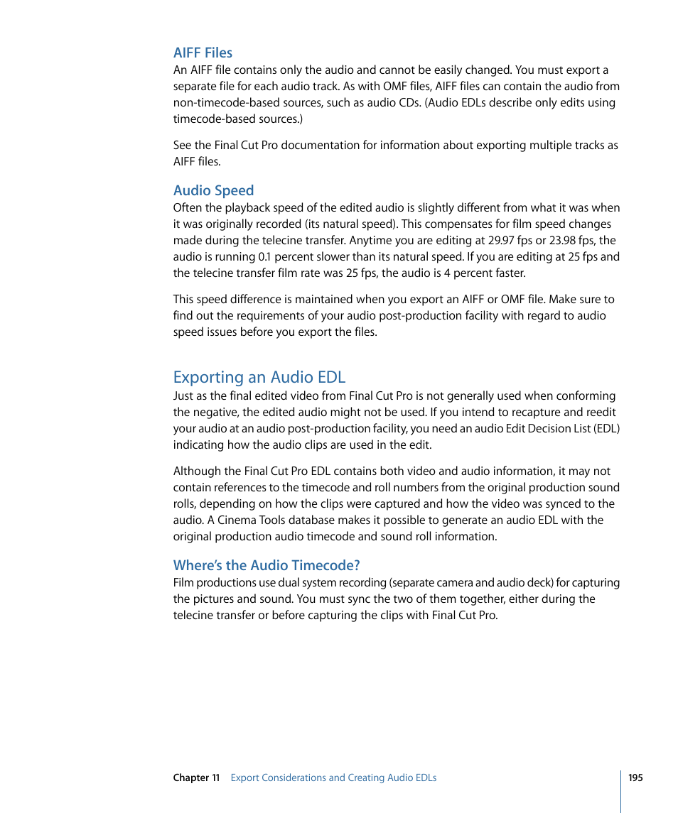Aiff files, Audio speed, Exporting an audio edl | Where’s the audio timecode | Apple Cinema Tools 4 User Manual | Page 195 / 258
