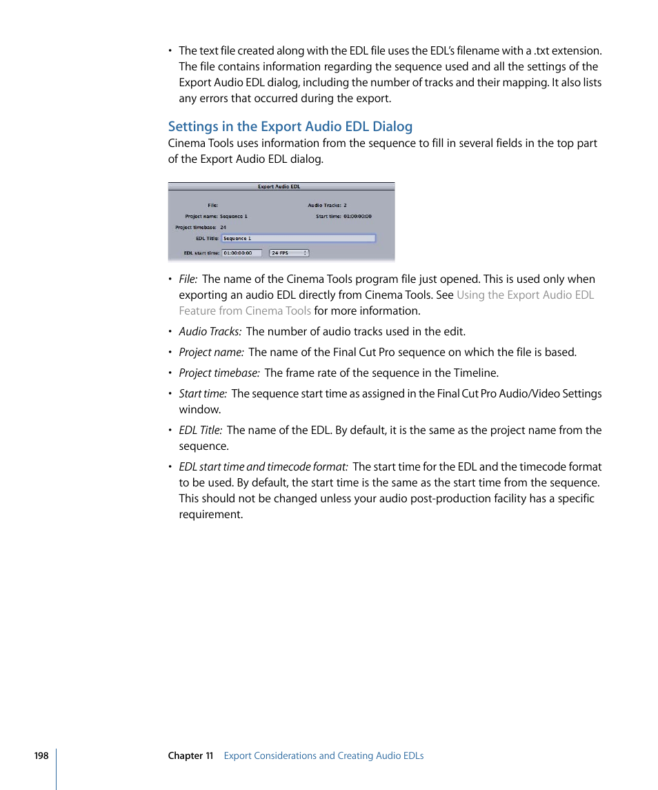 Settings in the export audio edl dialog | Apple Cinema Tools 4 User Manual | Page 198 / 258