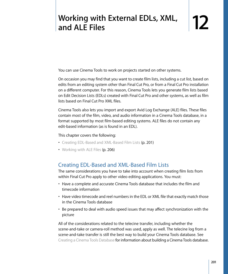 Working with external edls, xml, and ale files, Creating edl-based and xml-based film lists | Apple Cinema Tools 4 User Manual | Page 201 / 258