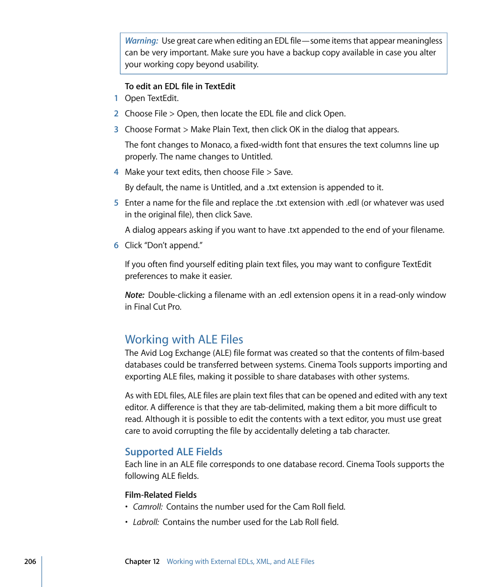 Working with ale files, Supported ale fields | Apple Cinema Tools 4 User Manual | Page 206 / 258