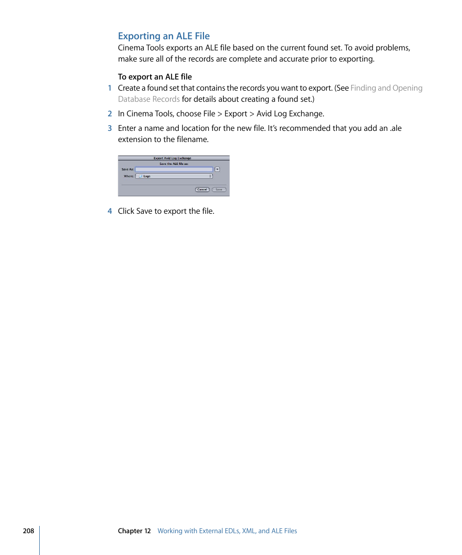 Exporting an ale file | Apple Cinema Tools 4 User Manual | Page 208 / 258