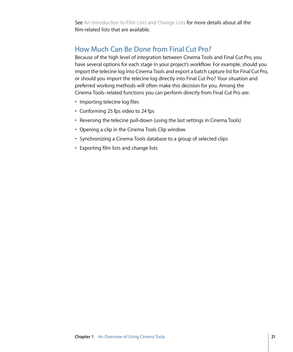 How much can be done from final cut pro | Apple Cinema Tools 4 User Manual | Page 21 / 258