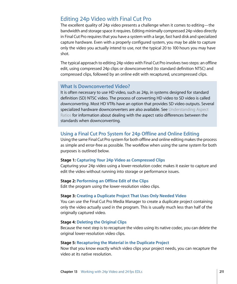 Editing 24p video with final cut pro, What is downconverted video | Apple Cinema Tools 4 User Manual | Page 211 / 258