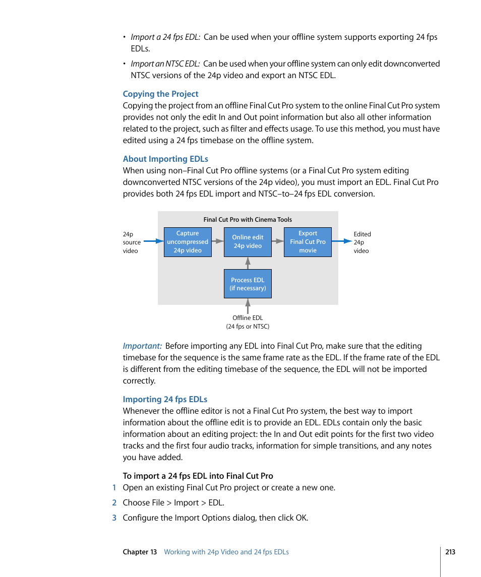 Copying the project, About importing edls, Importing 24 fps edls | Apple Cinema Tools 4 User Manual | Page 213 / 258