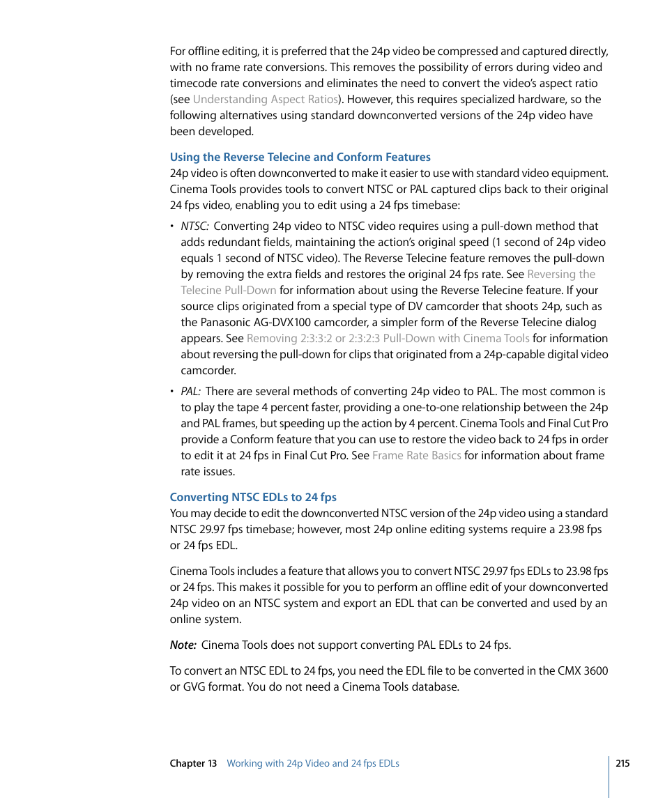 Using the reverse telecine and conform features, Converting ntsc edls to 24 fps | Apple Cinema Tools 4 User Manual | Page 215 / 258